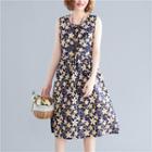 Sleeveless Floral A-line Midi Dress Blue & Yellow - One Size