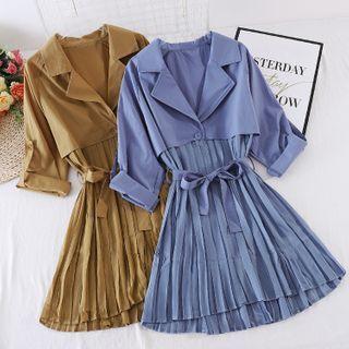 Mock Two-piece V-neck Long-sleeve Accordion Pleat Dress