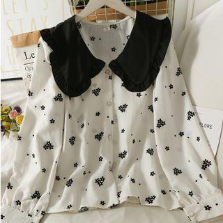 Ruffle-trim Peter Pan-collar Printed Loose Shirt