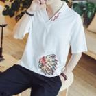 Elbow-sleeve Embroidered V-neck Top