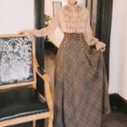 Set: Ruffled Long-sleeve Blouse + Plaid Midi A-line Skirt