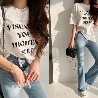 Elbow-sleeve Letter T-shirt Ivory - One Size