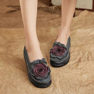 Flower Wedge Genuine Leather Loafers