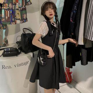 Short-sleeve Lace Top / Bow Mini A-line Overall Dress