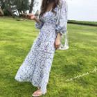 Tasseled Buttoned Tiered Floral Maxi Dress