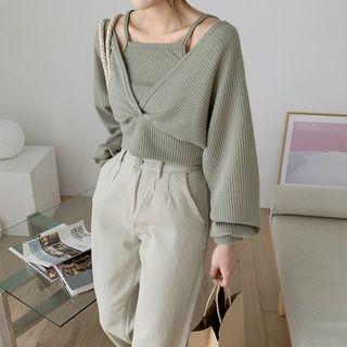 Set: Tie-back Cropped Knit Top + Square-neck Camisole