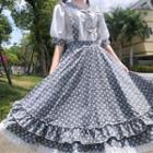 Lace Trim Short-sleeve Blouse / Flower Print Midi Suspender Skirt