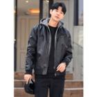 Detachable-hood Faux-leather Jacket