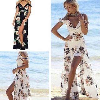 Short-sleve Floral Print Strap Maxi Dress