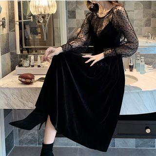 Set: Round Neck Mesh Top + Spaghetti Strap Dress
