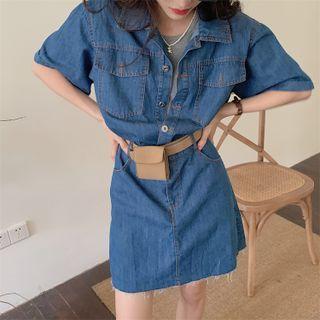 Elbow-sleeve Frayed Denim Mini Sheath Shirtdress