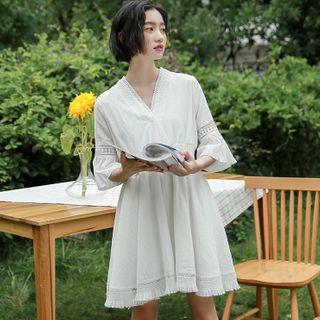 Bell-sleeve Lace Crochet Mini A-line Dress White - One Size