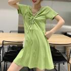 Short-sleeve Tie-neck Plain Dress