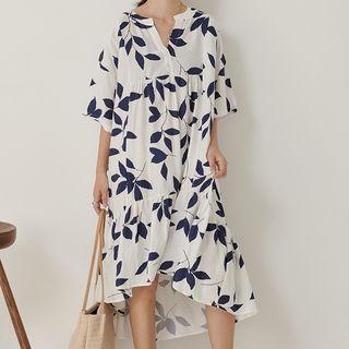 Leaf Print Dipback Elbow-sleeve Shift Dress