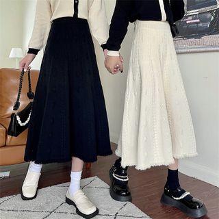 Fringe High-waist A-line Knit Midi Skirt