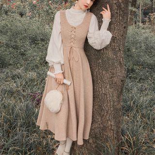 Set: Puff-sleeve Lace Blouse + Plaid Lace Up Midi A-line Dress