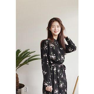Floral Chiffon Long Shirtdress With Sash