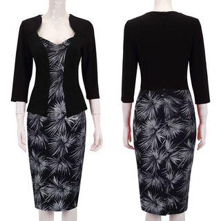 Mock Two-piece 3/4-sleeve Sheath Dress With Belt