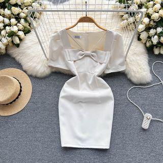Puff-sleeve Square-neck Bow Cutout Dress