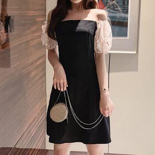 Off-shoulder Mesh-sleeve A-line Mini Dress