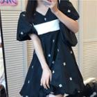 Puff-sleeve Floral Embroidered Mini A-line Dress / Camisole Top