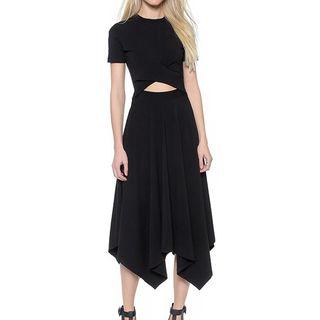 Round-neck Short Shoulder Cutout-waist Midi Dress