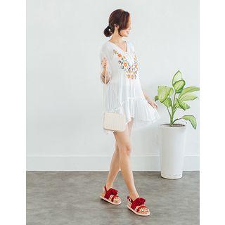 Embroidered Ruffle-hem Dress
