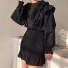 Ruffle Trim Long-sleeve Dress Black - One Size