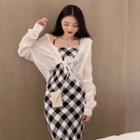 Set: Spaghetti Strap Plaid Sheath Dress + Long-sleeve Shirt