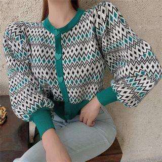 Puff-sleeve Patterned Cardigan