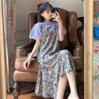Short-sleeve Mesh Panel T-shirt / Spaghetti Strap Floral Print Midi A-line Dress
