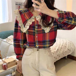 Plaid Peter-pan Collar Lace-trim Blouse