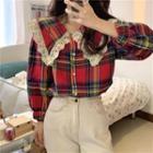 Plaid Peter-pan Collar Lace-trim Blouse