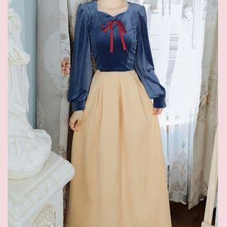 Set: Velvet Long-sleeve Top + Midi Skirt