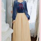 Set: Velvet Long-sleeve Top + Midi Skirt