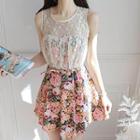 Sleeveless Lace Panel Floral Dress