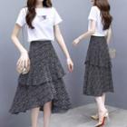 Set: Short-sleeve Top + Chiffon Layered Midi Skirt