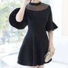 Bell-sleeve Mesh Panel Mini A-line Dress