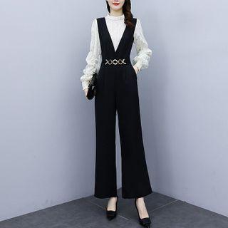 Long-sleeve Blouse / Metal-accent Wide Leg Jumper Pants / Set