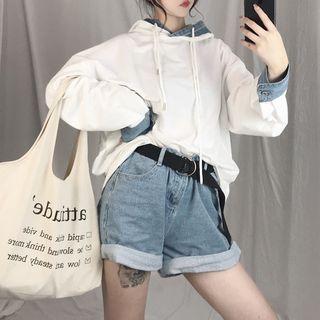Mock Two-piece Denim Panel Hoodie