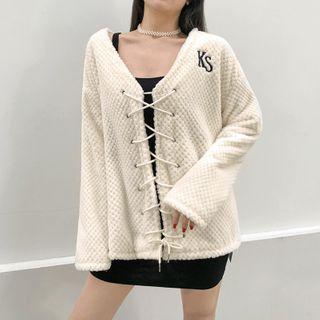 Lettering Fleece Lace-up Cardigan