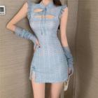 Set: Sleeveless Cutout Mini Qipao Dress + Arm Sleeves