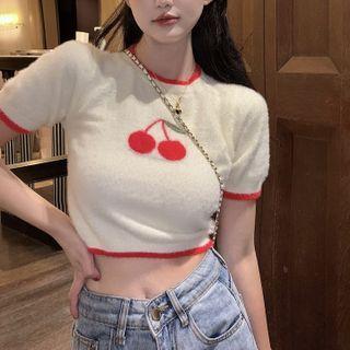 Short-sleeve Cherry Print Cropped Sweater