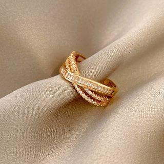 Rhinestone Layered Alloy Open Ring J434 - Gold - One Size