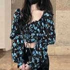 Long-sleeve Floral Chiffon Crop Top Black - One Size