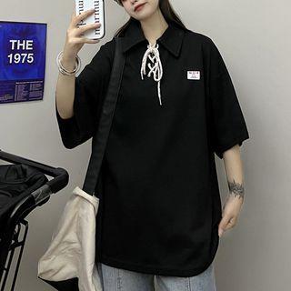 Elbow-sleeve Collar Lace Up T-shirt