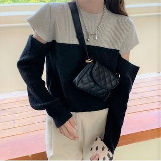 Two Tone Cutout Knit Top Black - One Size