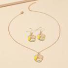 Set: Glaze Pendant Alloy Necklace + Dangle Earring Set - Yellow & Pink & Blue - One Size