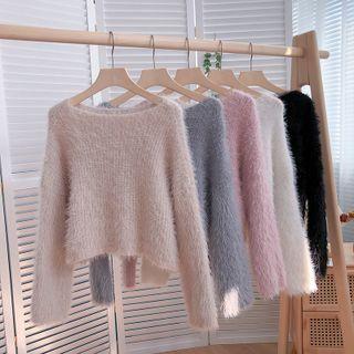 Plain Round-neck Long-sleeve Cropped Sweater