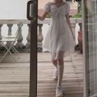 Puff-sleeve Plain Mini A-line Dress / Lace Midi A-line Skirt